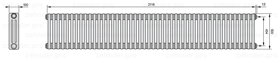 Схема (чертеж) Радиатор Zehnder Charleston 3050/46 №7610 Белый глянцевый RAL 9016